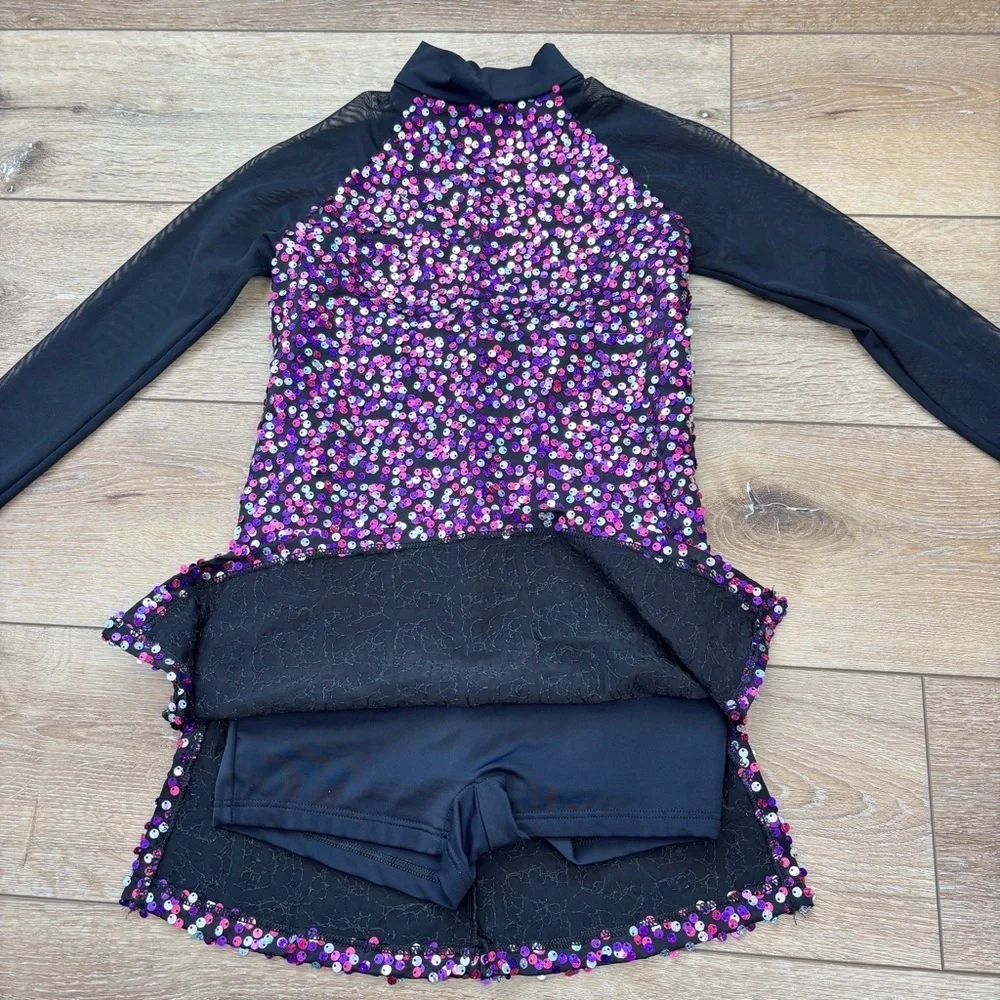 Balera Dance Skating Dress Costume size LC Black Colorful Confetti Sequin Mesh